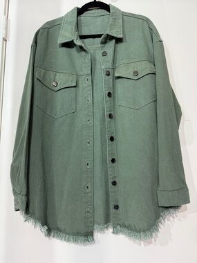 Olive Green Frayed Hem Button-Up Denim Shacket